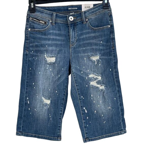 INC SZ 2/26 Jean Capris Distressed Stretch Pockets Silver Splatters Novel Wash - Picture 1 of 11